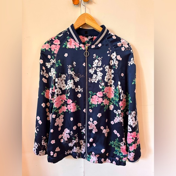 Satiny Floral Navy Blue Bomber With Glitter Cuffs - Picture 1 of 5